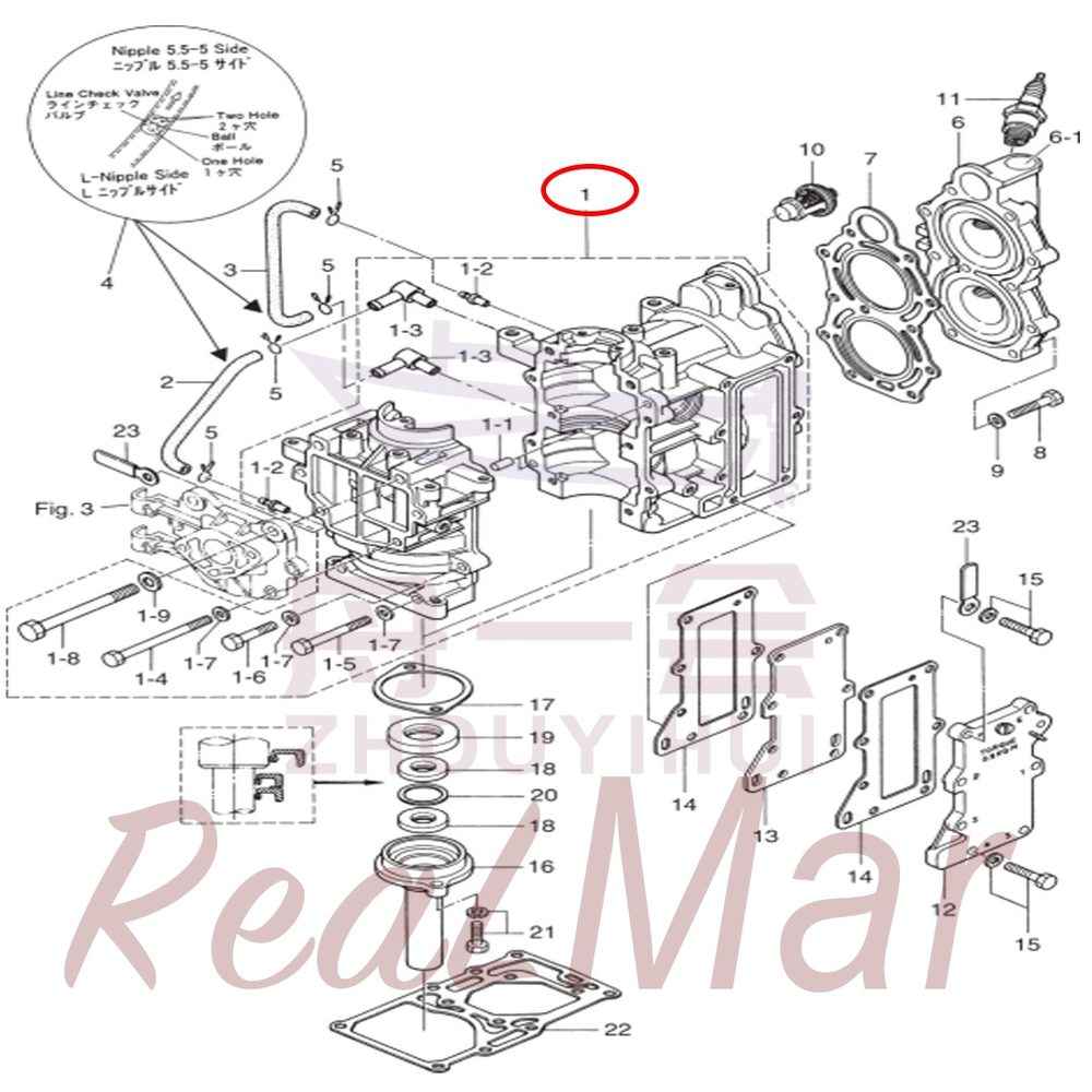 Fig. 1      CYLINDER・CRANK CASE ASS'Y 爆炸图