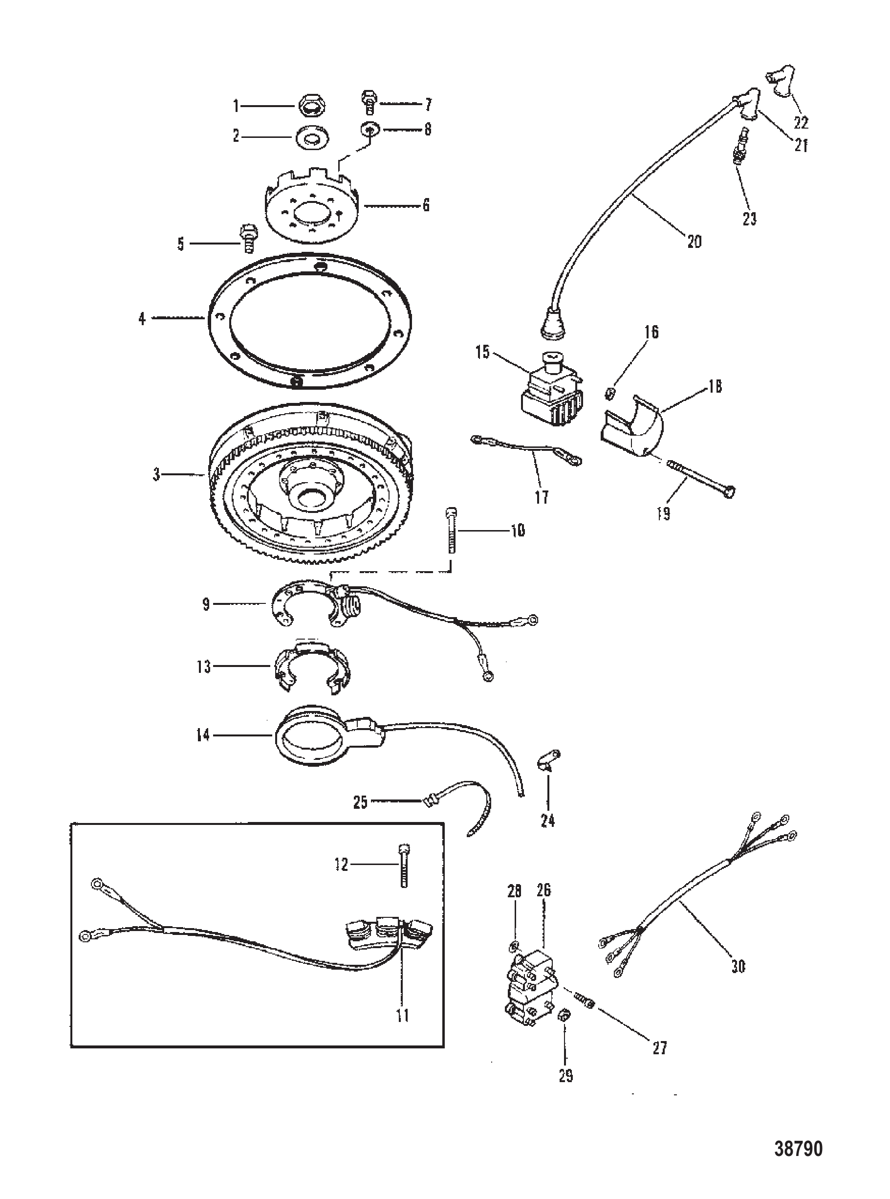 FLYWHEEL, IGNITION COIL AND SWITCH BOX