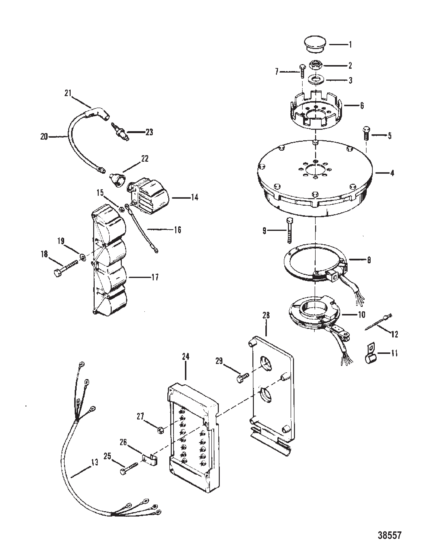 FLYWHEEL, IGNITION COIL AND SWITCH BOX