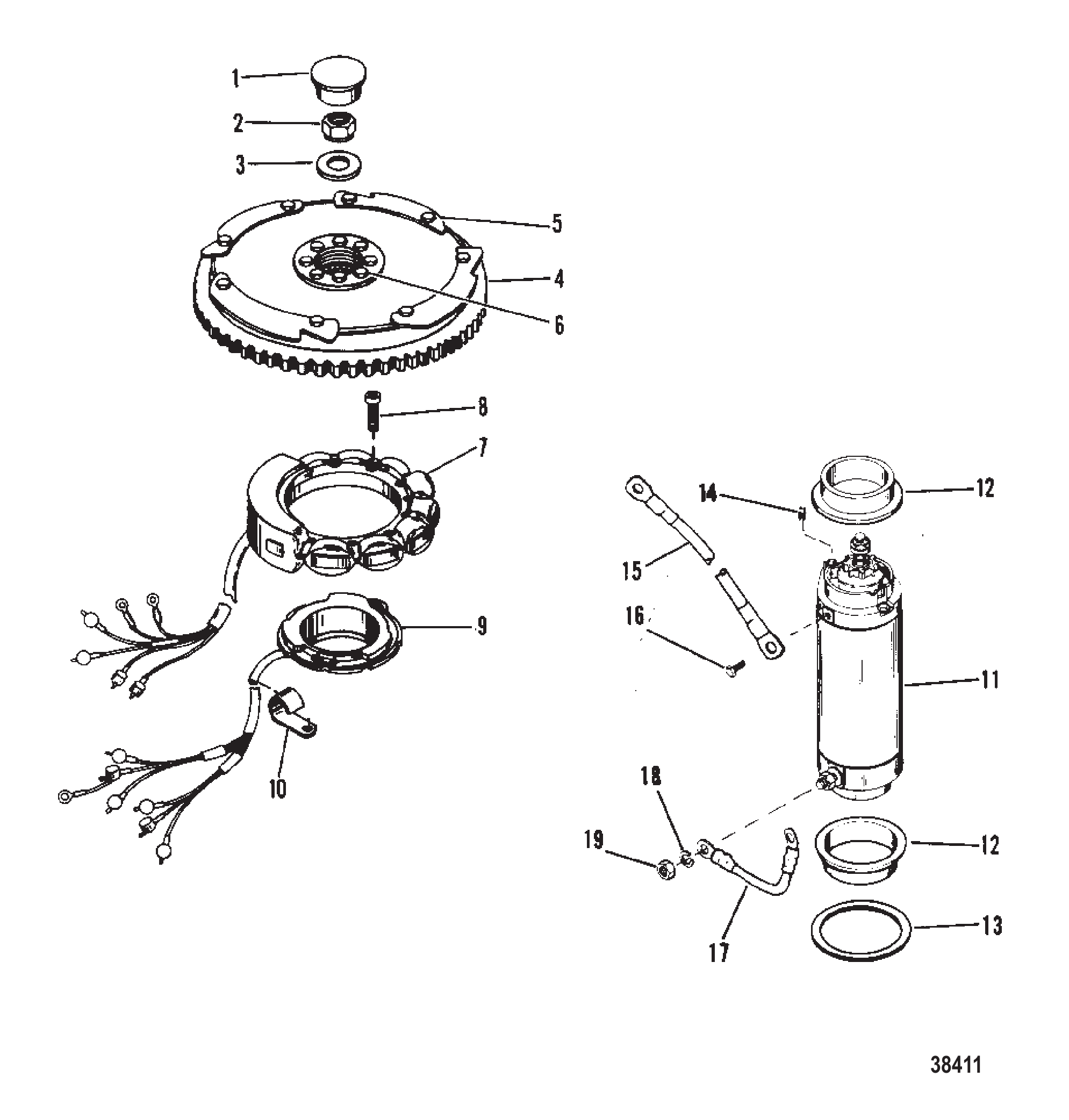 FLYWHEEL, STARTER MOTOR AND STATOR