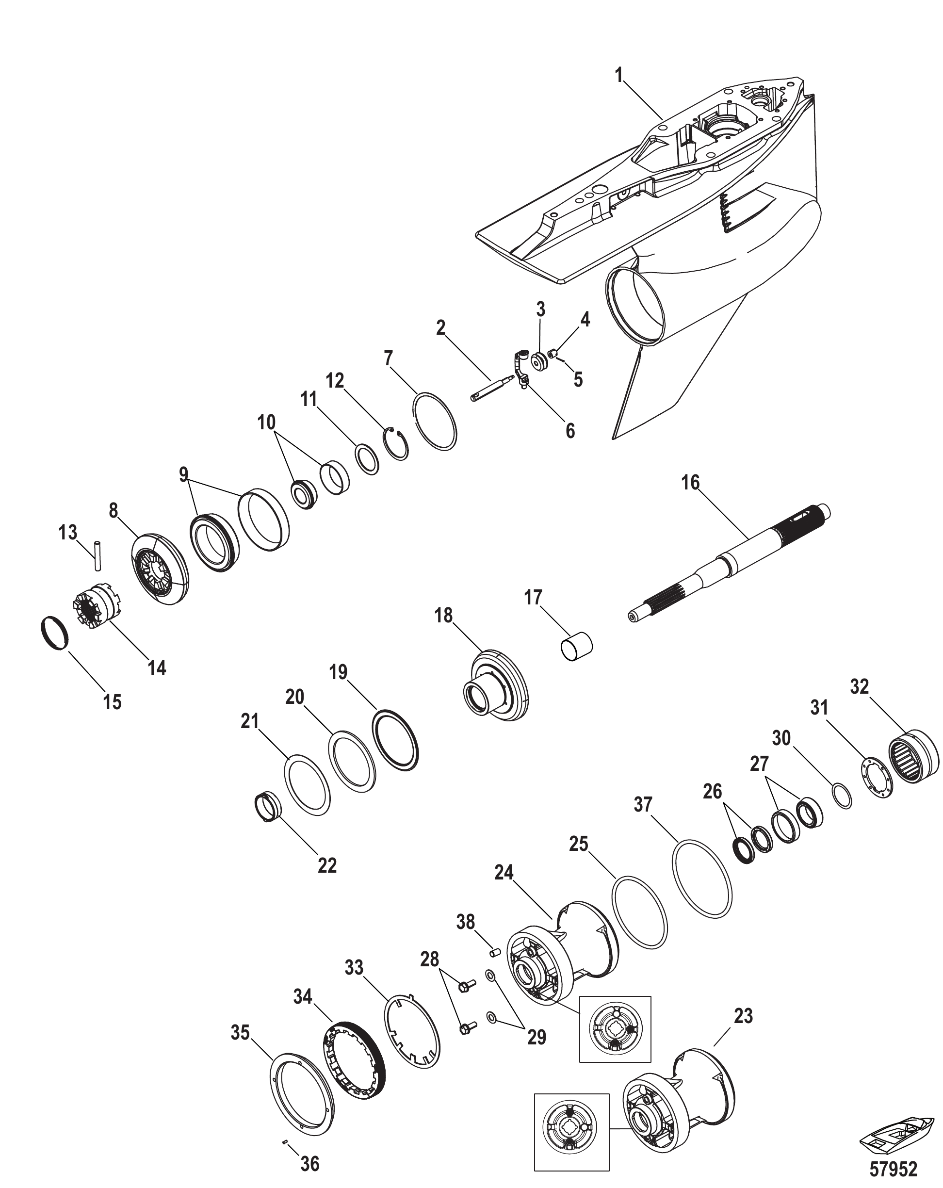 Gear Housing 1.75:1/1.85:1, Prop Shaft Counter Rotation, 5.44 Torpedo, Design-I Roller Forward Bearing