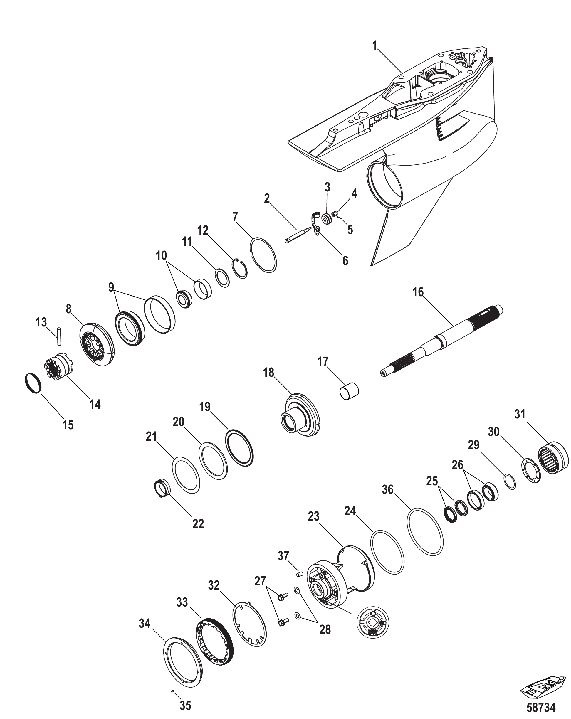 Gear Housing, Prop Shaft Counter Rot, 5.44 Torpedo- Design-I, Roller Forward Bearing