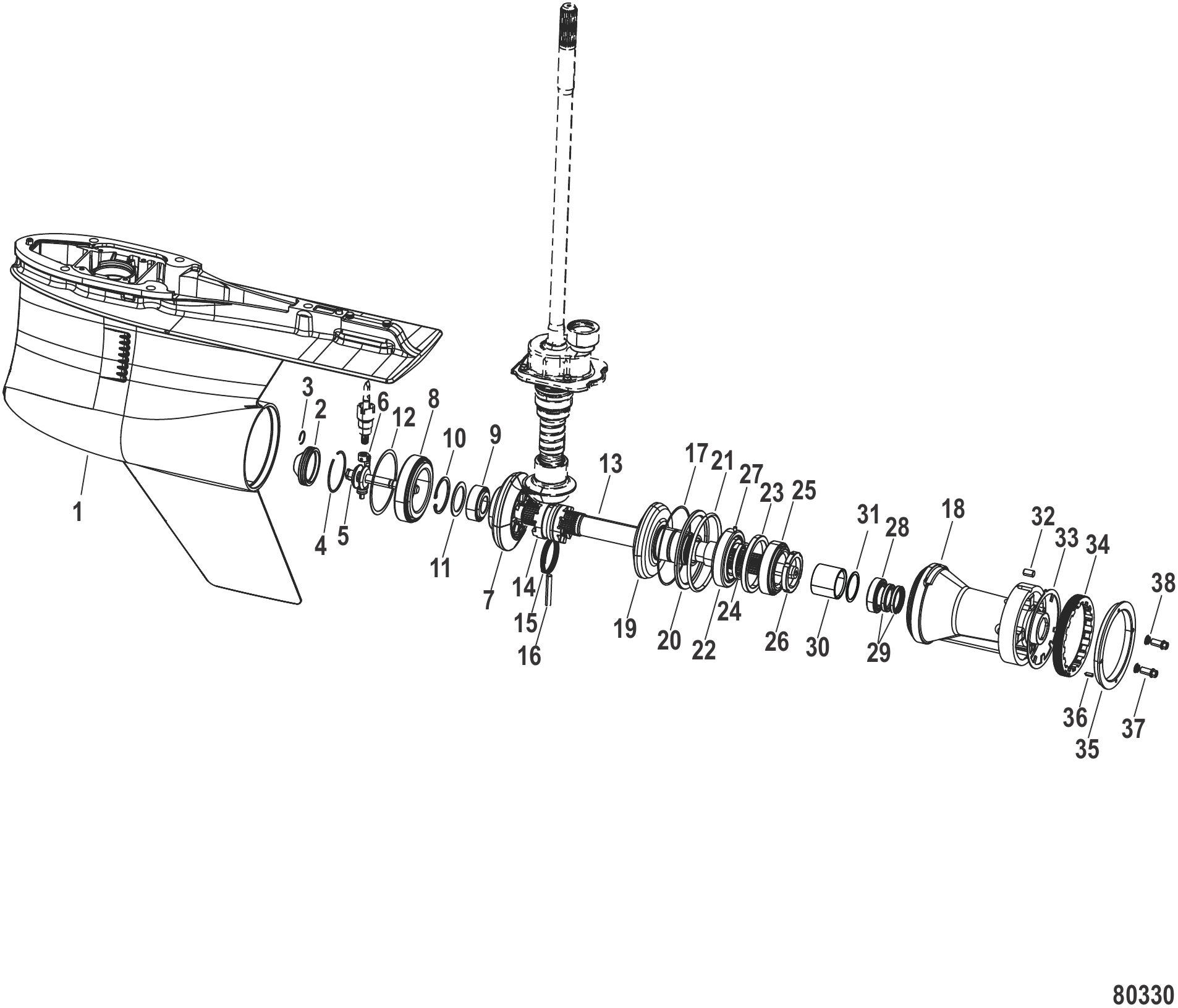 Gear Housing Prop Shaft, Counter Rotation, 5.44 Torpedo (1.75 Gear Ratio)