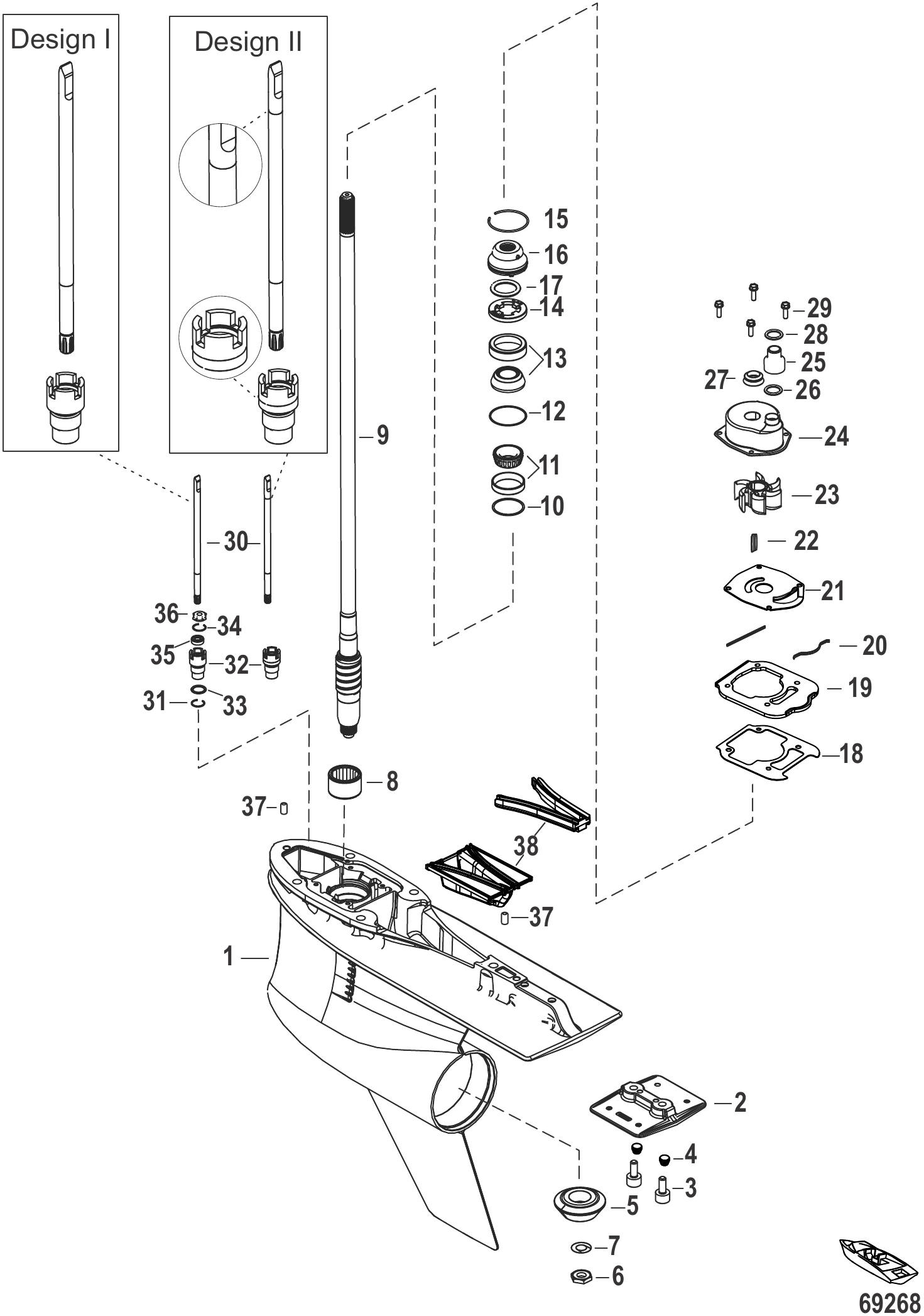 Gear Housing Driveshaft, 5.44 Torpedo, 1.60